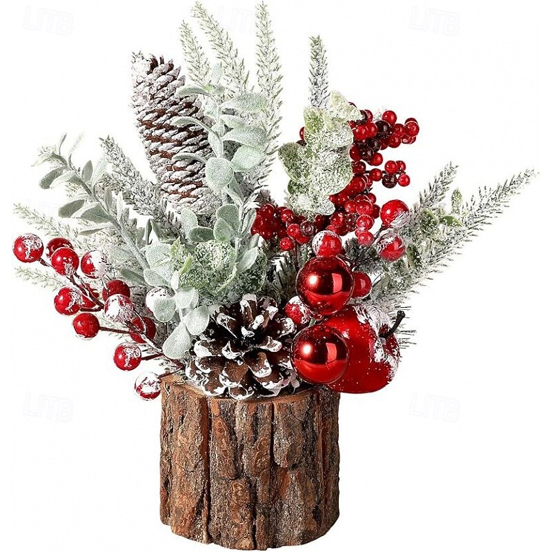Tabletop Christmas Tree Decoration, Artificial Mini PE Pine Tree with Wooden Bucket Base, Desktop Xmas Decor for Home, Office, Holiday Party Display Ornament
