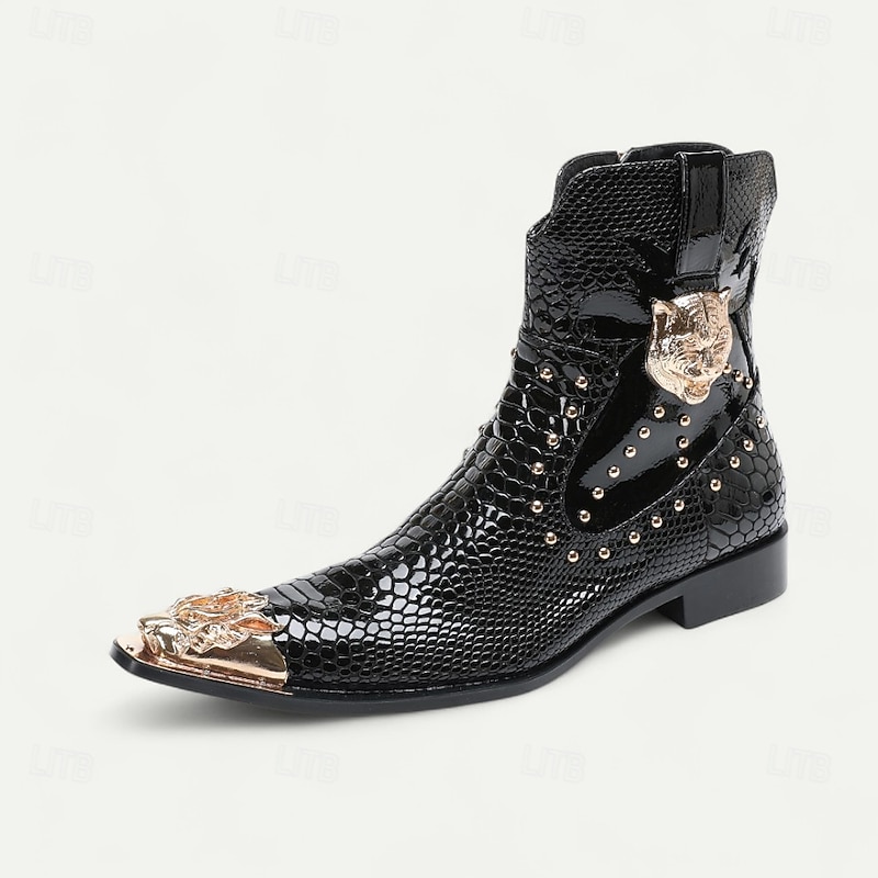 Men's Burgundy Genuine Leather Snake Print Ankle Boots with Metal Buckle – Gothic Punk Party Shoes3