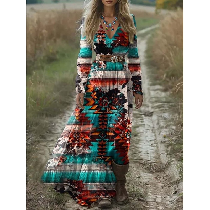 Women's Maxi Dress A Line Dress Pleated Dress Fit And Flare Dress Boho Date Going out Regular Fit Floral Graphic Animal Long Sleeve V Neck Blue Orange Brown Spring Fall Winter Autumn