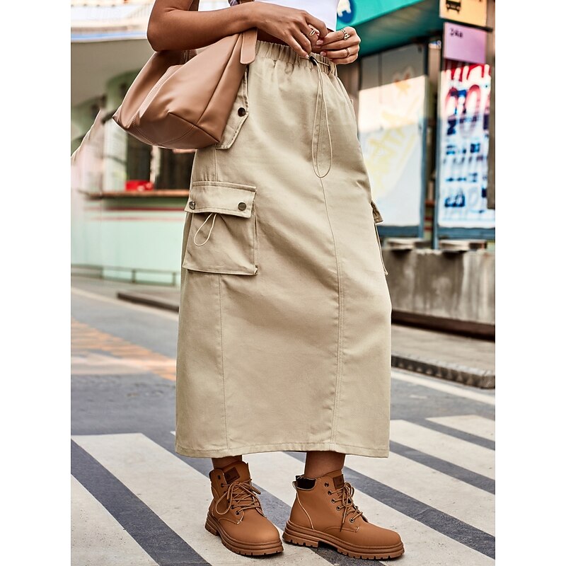 Women's Skirt A Line Fashion Casual Midi High Waist Skirts Plain Drawstring Pocket Micro-elastic Street Daily Black Army Green Khaki Light Grey Spring Cotton Blend Denim3