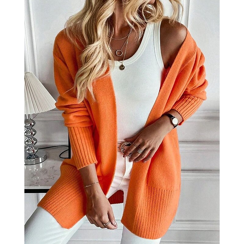 Women's Sweater Cardigan Streetwear Casual Solid Color V Neck Pocket Knitted Long Sleeve Long Tops Knit Daily Holiday Going out Orange Apricot Fall Winter2