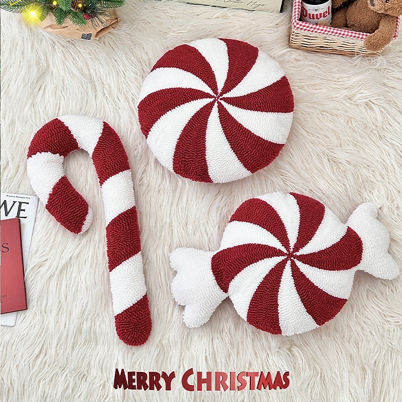 Nordic Christmas Decorative Pillow - Novelty Shaped Sofa Cushion with Embroidered Snowflake & Candy Design, Holiday Lumbar Throw Pillow