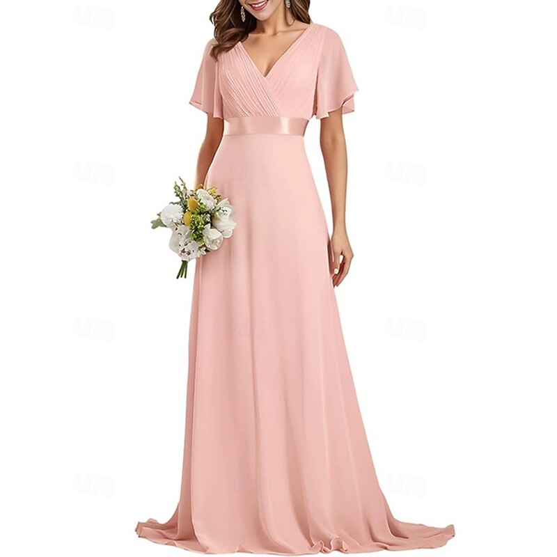 Women's Long Dress Maxi Dress Party Dress Chiffon Chiffon Dress Elegant Fashion Modern Outdoor Party Evening Party Regular Fit Plain Short Sleeve V Neck Pink Red Spring Autumn3