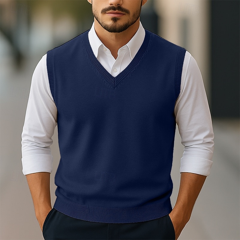 Men's Sweater Sweater Vest Pullover Sweater Jumper Ribbed Knit Regular Tops Knitted Slim Fit Plain V Neck Knitwear Contemporary Casual Daily Wear Clothing Apparel Winter Spring &  Fall Camel Black S2