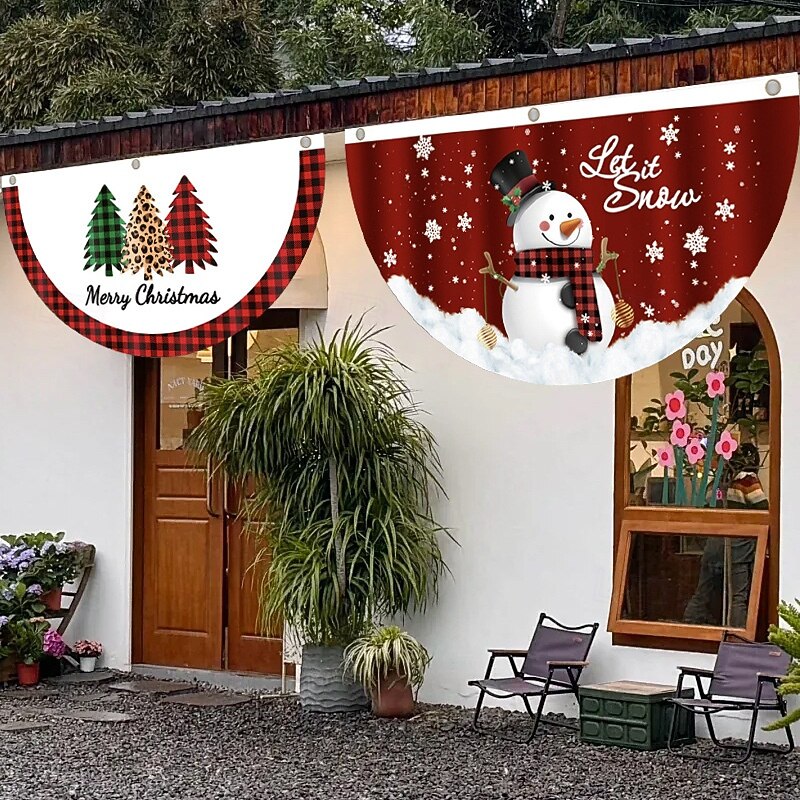 Christmas Outdoor Half Round Flag Banner, Cartoon Digital Printed Fan Flag, Holiday Scene Decoration Props for Yard Garden
