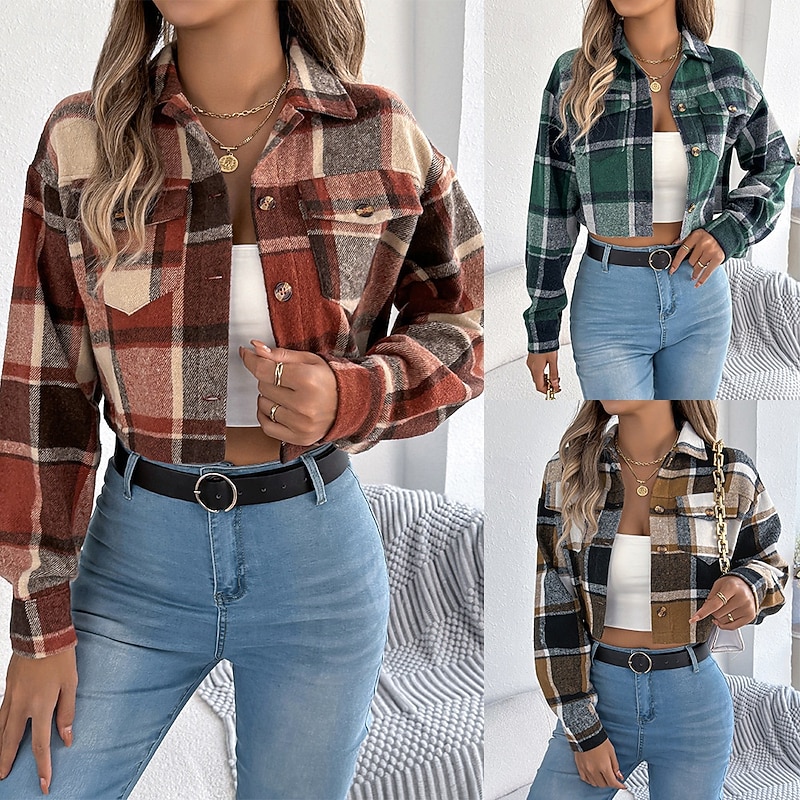 Women's Casual Jacket Shacket Comfortable Breathable Pocket Buttons Print Casual Plaid Vacation Street Casual Daily Wear Single Breasted Short Turndown Regular Fit Long Sleeve Outerwear Orange Green