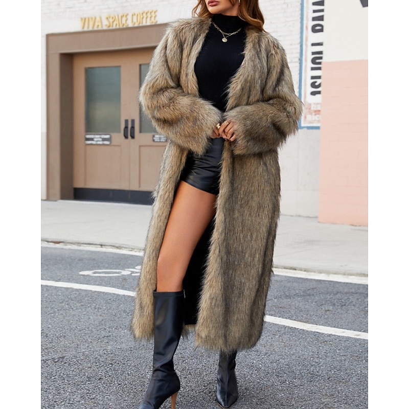 Women's Coat Faux Fur Coat Warm Comfortable Furs & Leathers Fashion Plain Vacation Street Daily Wear Going out Long V Neck Regular Fit Long Sleeve Outerwear Khaki Fall Winter3