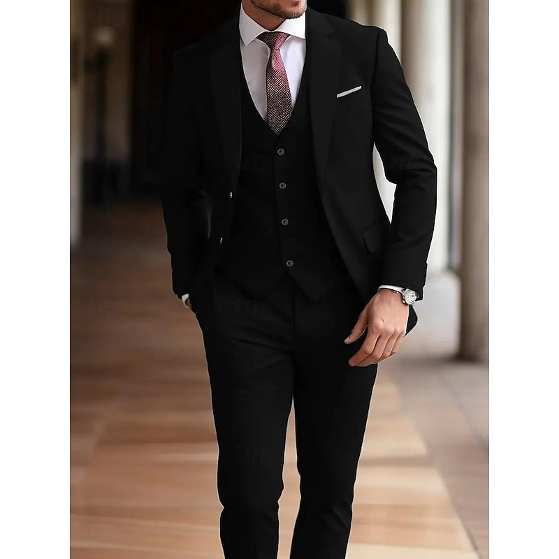 Men's Wedding Casual Business Suits Notch Lapel Black Navy Blue Daily Formal Solid Colored Standard Fit 3 Piece Single Breasted Two-buttons