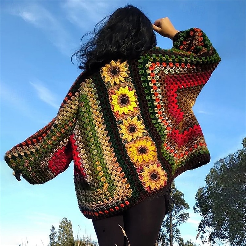 Women's Cardigan Sweater Knitted Ribbed Button Front Round Neck Sunflower Long Sleeve Lightweight Vintage Fashion Floral Crew Neck Print Regular Tops Knit Outdoor Daily Weekend Yellow Fall Winter