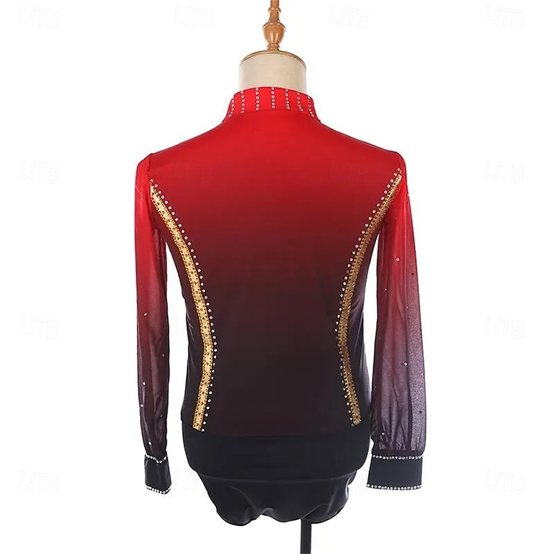 Figure Skating Top Men's Boys' Ice Skating Tops Black+Red Patchwork Spandex High Elasticity Training Competition Skating Wear Classic Crystal / Rhinestone Long Sleeve Ice Skating Figure Skating3