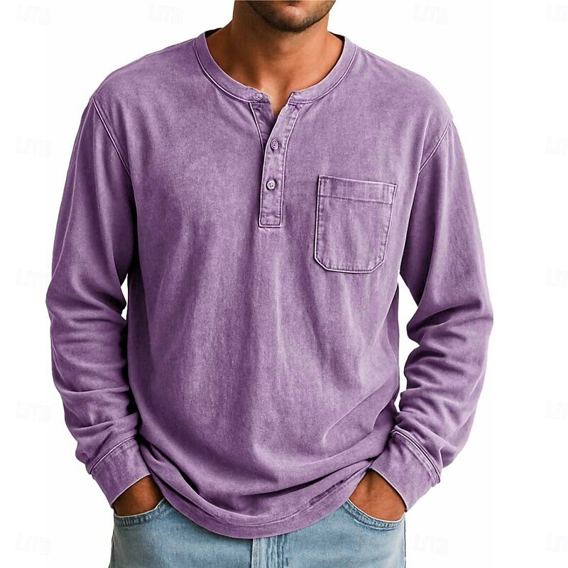 Men's Henley Shirt T shirt Tee Long Sleeve Vintage Retro Vintage Casual Vintage Style Henley Casual Spring Fall All Seasons Black Pink Gray Henley T-Shirt