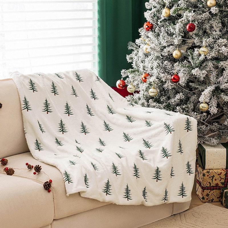 Christmas Plush Sofa Blanket, Embroidered Christmas Tree Throw, Faux Rabbit Fur Soft Blanket for Living Room Decor