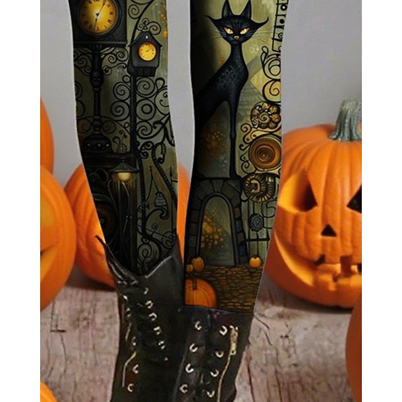 Women's Leggings Cozy Leggings Vacation Basic Casual Full Length High WaistPantsHalloween Cat Printing Thermal Warm Comfortable Stretchy Vacation Casual Daily Green Fall Winter Slim Fit3
