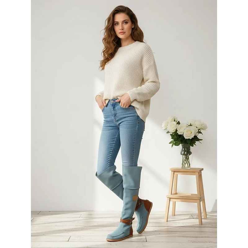 Women's Suede Knee-High Boots with Wedge Heel and Buckle Strap - Bohemian Style Casual Boots in Denim Blue4