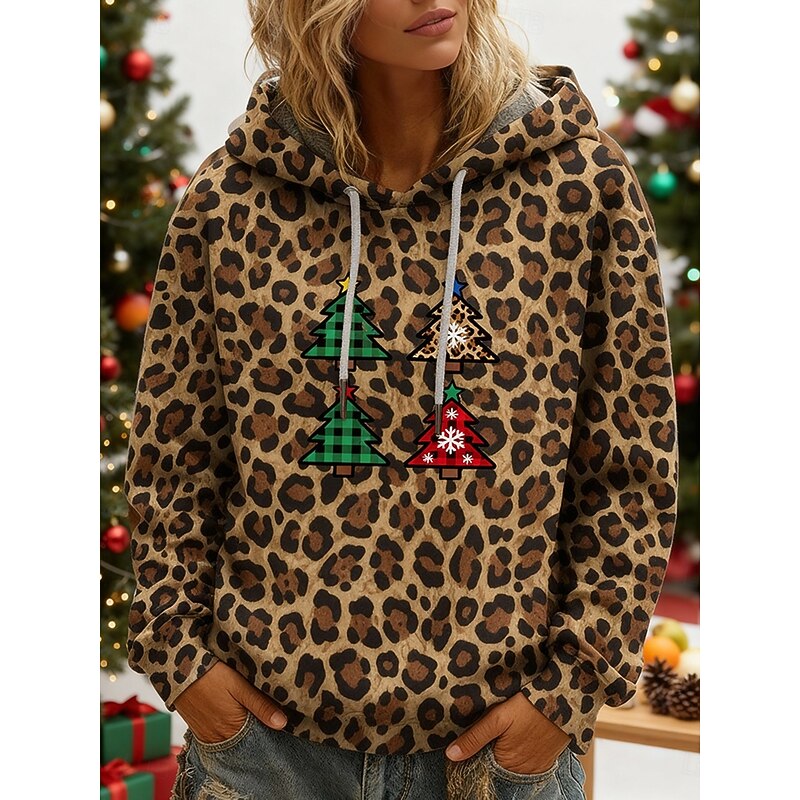 Women's Pullover Hoodies Leopard Letter Fashion Streetwear Casual Long Sleeve Hooded Regular Tops Dailywear Casual Drawstring Print Brown Spring Fall3