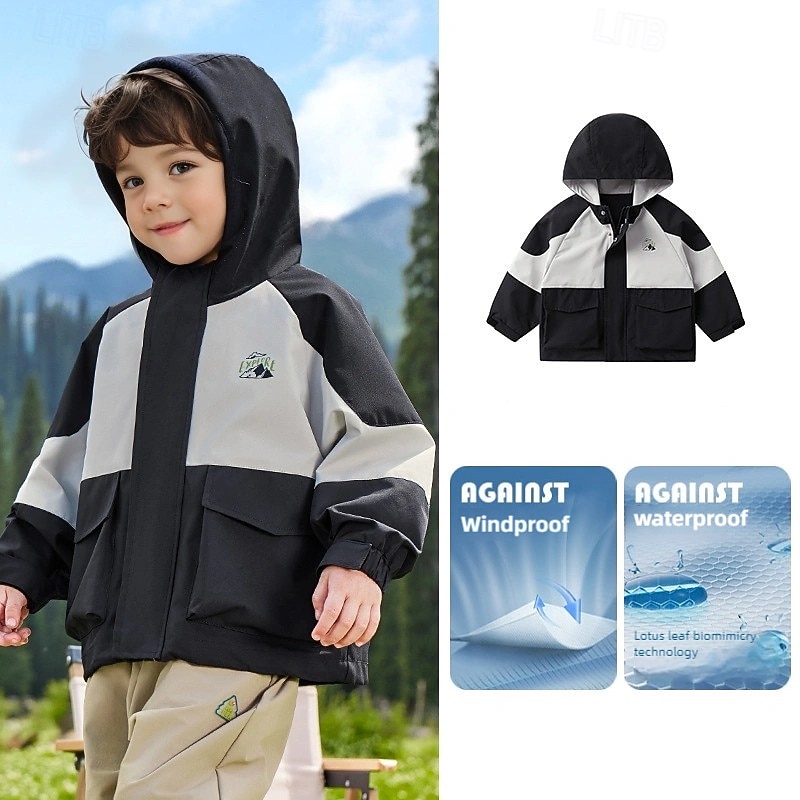 Kids Boys' Hiking Jacket Outdoor Jacket Outerwear Color Block Long Sleeve Zipper Pocket Comfort Waterproof Windproof Coat Outdoor Fashion Daily Black Spring Fall 4 years+