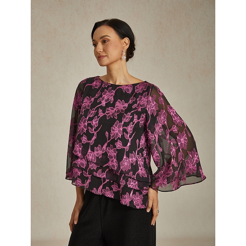 Women's Blouse Chiffon Tops Floral Elegant Stylish Casual Crew Neck Regular Tops Wedding Guest Date Night Outfits Cocktail Attire Lace Rose Pink Spring Fall Winter