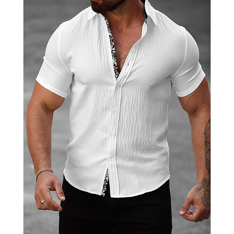 Men's Shirt Summer Shirt Casual Shirt Beach Shirt Button Up Shirt Black White Light Green Blue khaki Short Sleeve Plain Lapel Vacation Hawaiian Splice Clothing Apparel Polyester Fashion Casual3