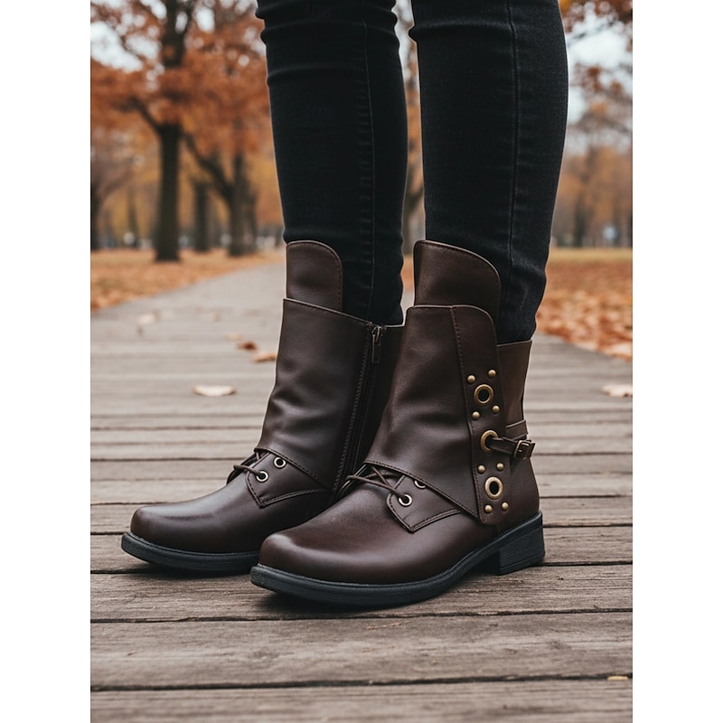 Women's Brown Buckle and Studded Ankle Boots - Rugged Outdoor Style for Fall/Winter - Ideal for Hiking and Casual Outings4