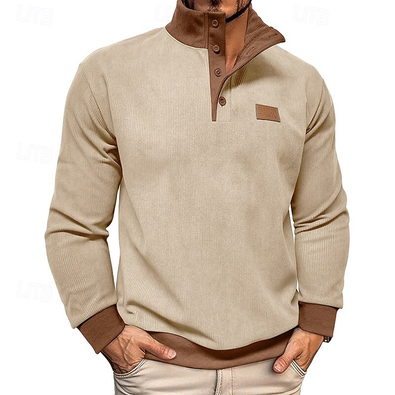 Men's Sweatshirt Corduroy Fleece Sweatshirt Pullover Hoodie Sweatshirt Button Up Hoodie Apricot Black Army Green Navy Blue Blue Standing Collar Plain Patchwork Sports & Outdoor Casual Daily2