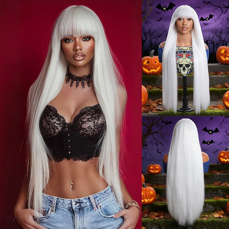 Synthetic Wig Straight Natural Straight Middle Part Neat Bang Wig Very Long White Synthetic Hair 36 inch Women's Soft Comfy White