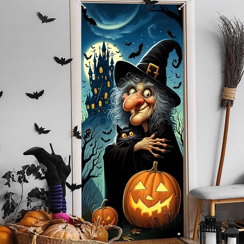 Halloween Door Covers Red Door Witch Breaking In Tapestry Door Curtain Decoration, Scary Horror Backdrop Door Banner for Front Door Indoor Outdoor Haunted House Party Decor4