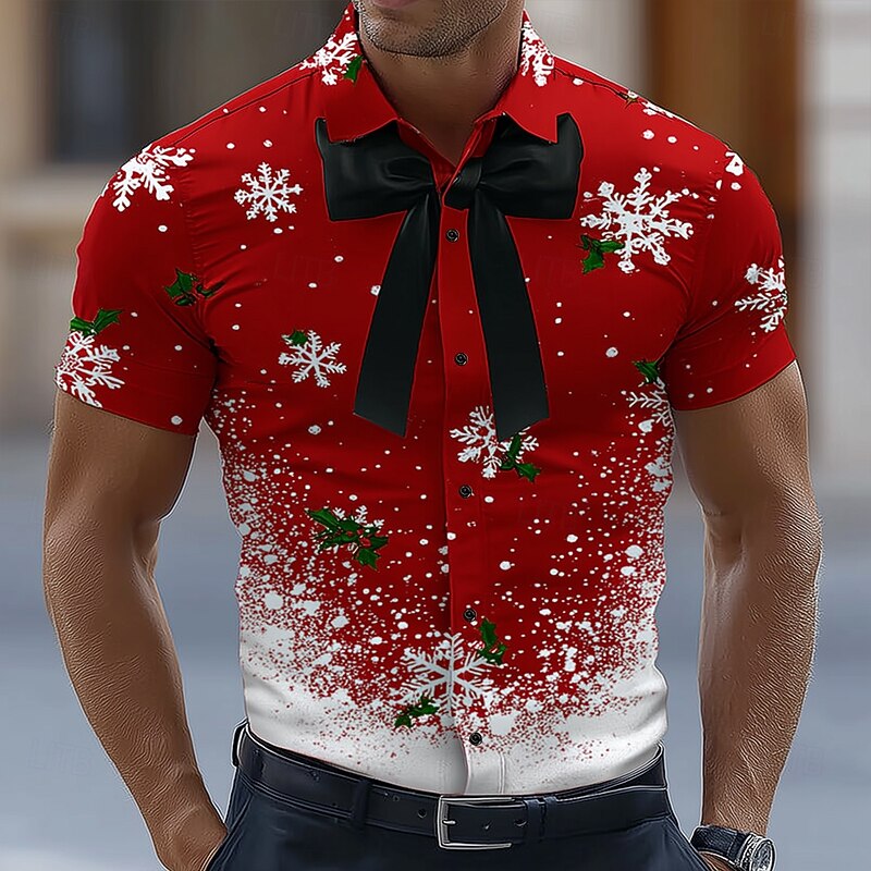 Christmas Men's Snowflake Bow tie Christmas Costume Shirt Button Up Shirt Short Sleeve Fashion Casual Outdoor Holiday Summer Spring Turndown 3D Print Collared Shirts Red 1 Red
