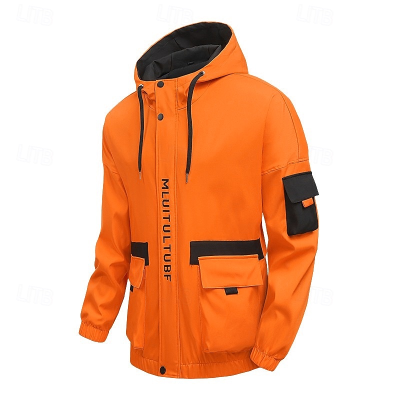 Men's Sport Coat Raincoat Windcheater Jacket Outdoor Casual Waterproof Windbreaker Zipper Pocket Spring Fall Solid Color Fashion Streetwear Hooded Regular Black Orange Light Grey Jacket4