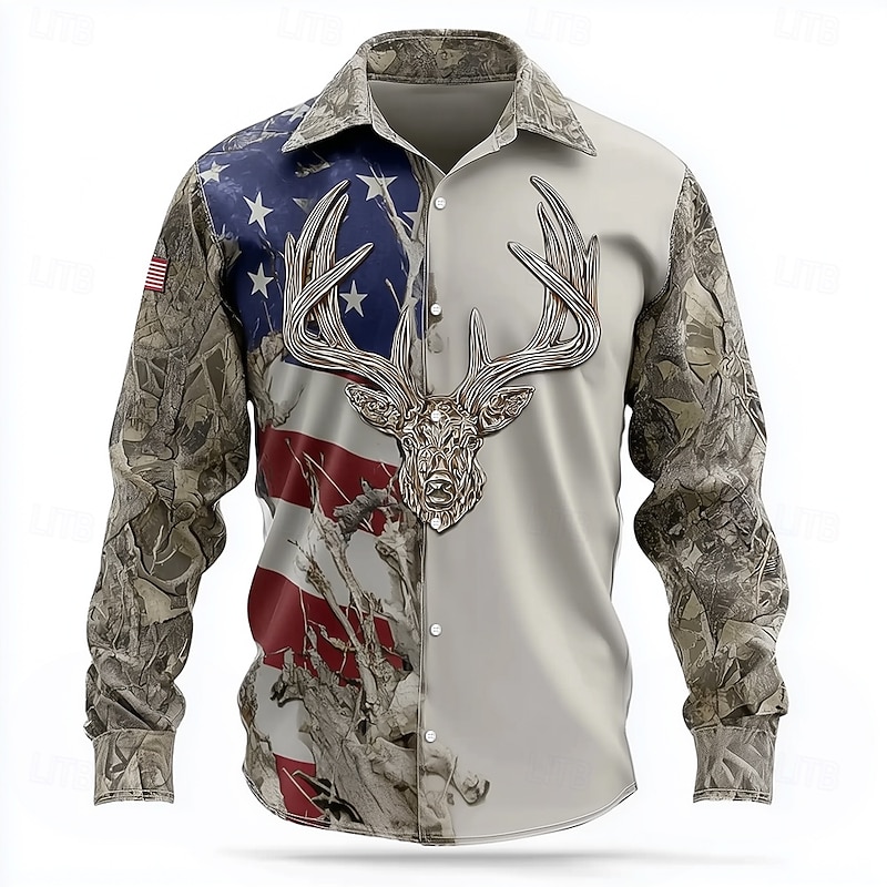 Men's Reindeer Camouflage American US Flag Shirt Button Up Shirt Long Sleeve Vintage Retro Outdoor Camping & Hiking Hunting Spring Fall Turndown 3D Print Collared Shirts Camouflage Beige2