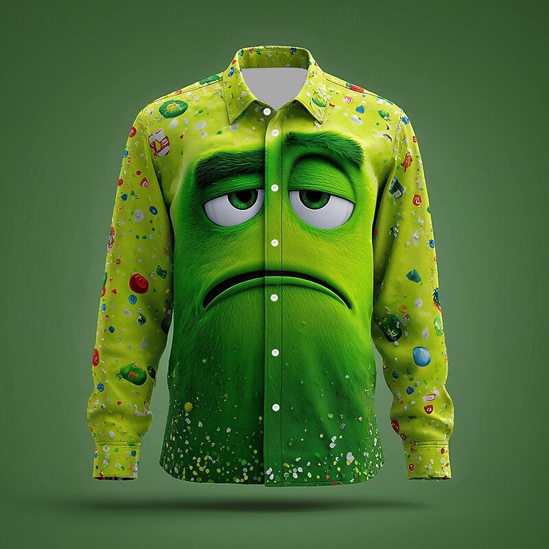 Christmas Men's 3D Cartoon funny christmas Shirt Button Up Shirt Long Sleeve Funny Outdoor Holiday Spring Fall Turndown 3D Print Collared Shirts Yellow Red Green