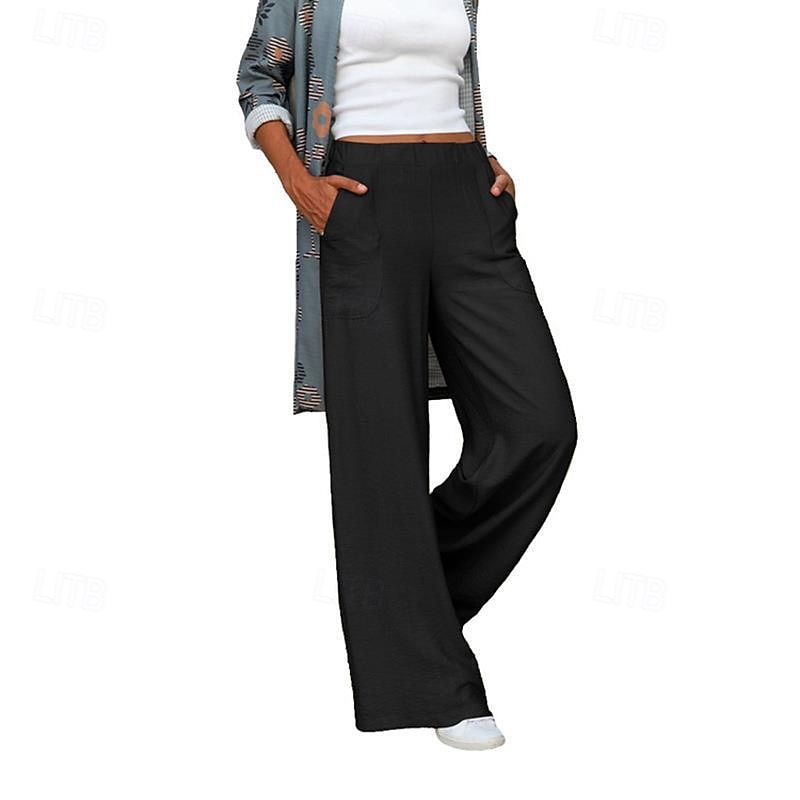 Women's Culottes Wide Leg Chinos Streetwear Casual Full Length Medium Waist Plain Pocket Elastic Waist Comfortable Stretchy Outdoor Vacation Daily Light Gray Dark-Gray Apricot Black Fall Winter Loose3