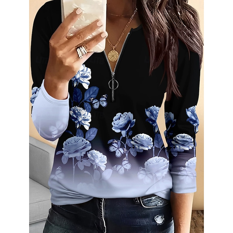 Women's T Shirt Floral Graphic Plants Vintage Fashion Stylish Long Sleeve Crew Neck Regular Tops Daily Zipper Print White Yellow Blue Spring Fall Winter