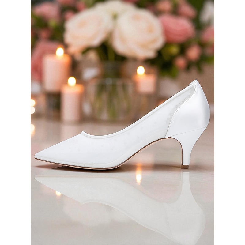 Women's White Wedding Shoes with Polka Dot Mesh and Low Heels - Elegant Bridal Pumps for Bride, Ceremony and Formal Occasions4