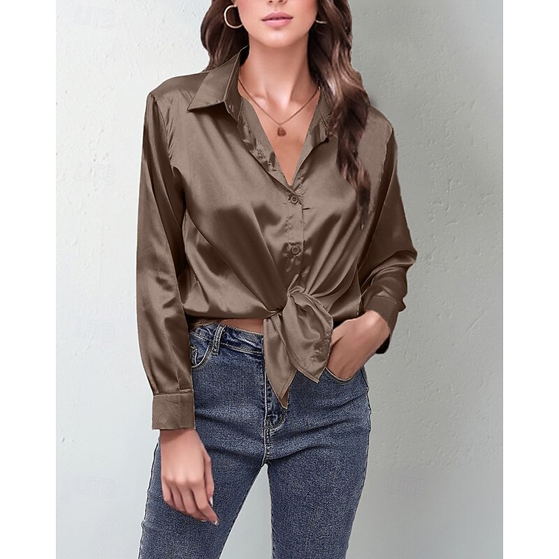 Women's Shirt Elegant Dressy Satin Solid Color Stylish Casual Long Sleeve Shirt Collar Regular Tops Daily Going out Buttons Light Green Pink Blue Camel Green Spring Fall4