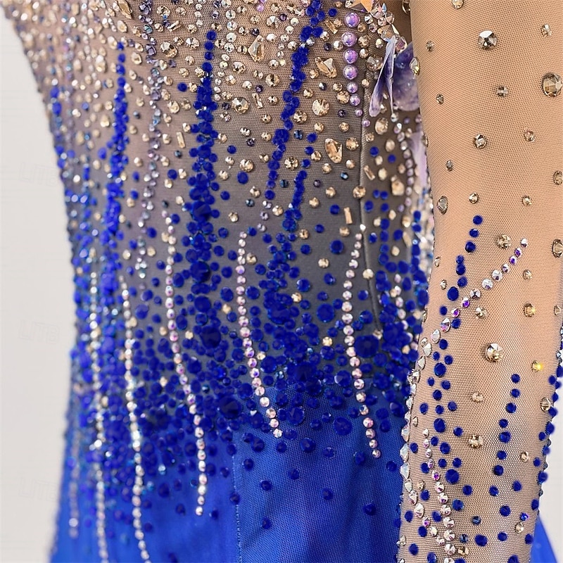 Figure Skating Dress Women's Girls' Ice Skating Dress Blue Black Thumbhole Open Back Mesh High Elasticity Training Competition Skating Wear Classic Crystal / Rhinestone Long Sleeve Ice Skating Figure3