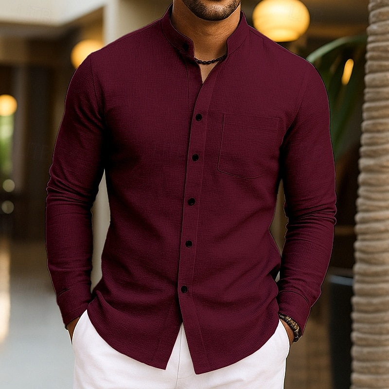 Men's Shirt Waffle Shirt Casual Shirt Band Collar Shirt Button Up Shirt Black White Wine Green khaki Long Sleeve Plain Mandarin Collar Daily Going out Clothing Apparel Fashion Modern Casual4