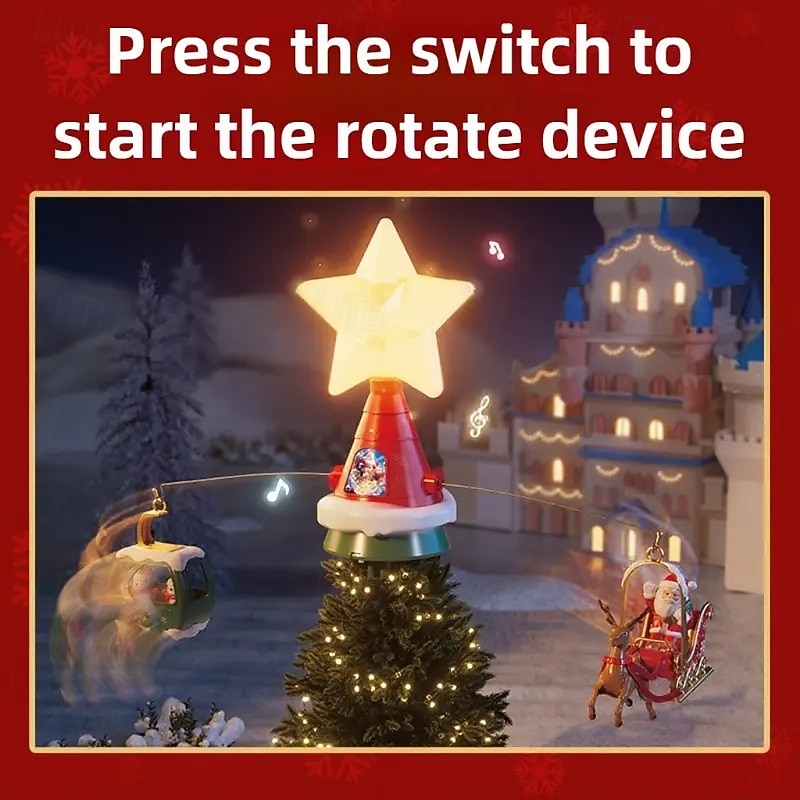 Rotating Christmas Tree Topper Santa Hat with Glowing Star & Music Notes - USB-Powered Holiday Decoration, Traditional Plastic Santa Claus Sleigh & Snowman Coaster Scene, Christmas Gifts & Home Decor3