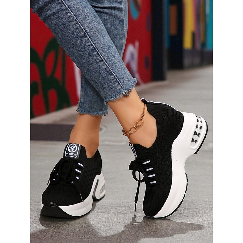 Women's White Flyknit Platform Sneakers with Lace-Up Design – Breathable Athletic Shoes for Running and Walking4