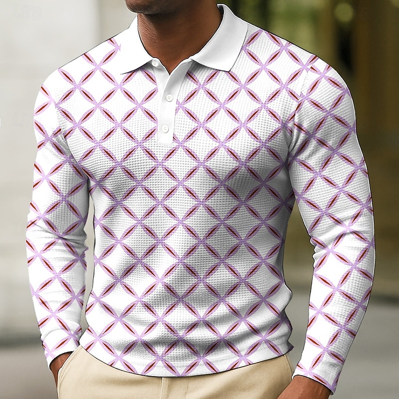 Men's Geometic Waffle Polo Shirts Long Sleeve Polo Shirts Collared Shirts Business Casual Business Wear to work Daily Wear Buttons Spring Fall Winter Blue Purple Green3