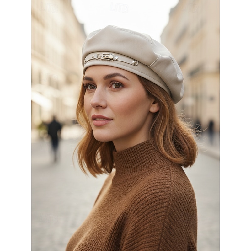 Women's Polyester Beret Hat – Stylish Buckle Decor French Painter Cap, Vintage Casual Newsboy Hat for Autumn Winter Streetwear3