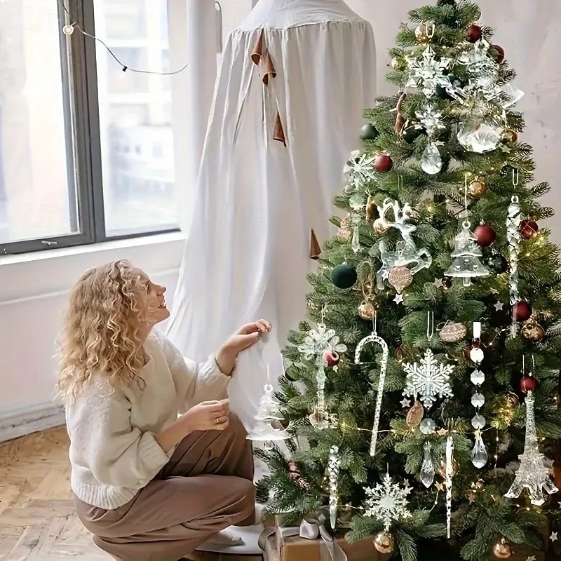 32pcs Crystal Clear Acrylic Christmas Tree Ornaments Set with Snowflakes, Reindeer, Icicle Bells & Twinkling Lights Effect Suitable for Party Decorations, Christmas, Birthday Celebrations2