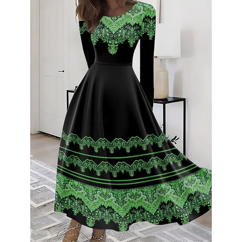 Women's Maxi Dress A Line Dress Fit And Flare Dress Vacation Casual Boho Party Daily Going out Regular Fit Graphic Tribal Long Sleeve Crew Neck Yellow Blue Purple Green Summer Spring Fall Winter4