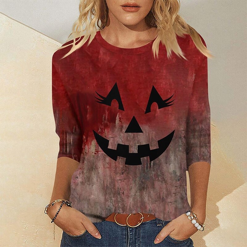 Halloween Women's T Shirt Graphic Pumpkin Vintage Fashion Stylish Long Sleeve Crew Neck Regular Tops Daily Weekend Print Red Beige Spring Fall Winter4