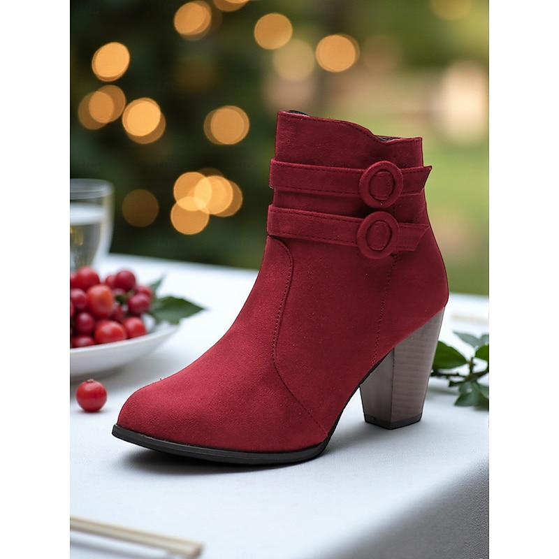 Women's Burgundy Ankle Boots – Faux Suede Block Heel Zipper Booties with Strap Detail for Casual Wear and Fall Outfits2