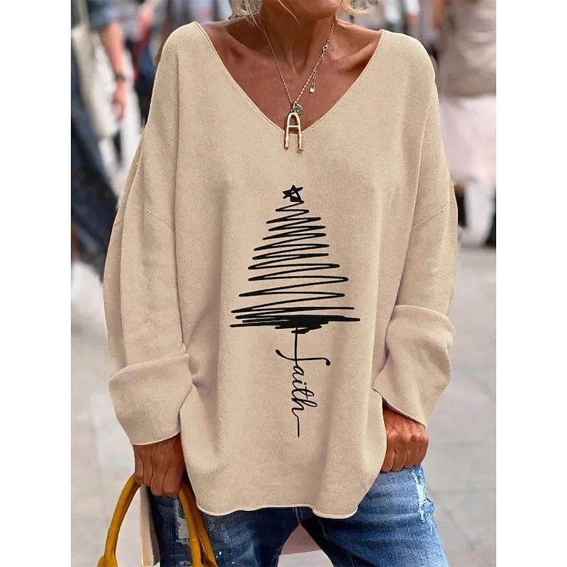 Christmas Women's T Shirt Graphic Christmas Tree Elegant Vintage Fashion Long Sleeve V Neck Regular Tops Daily Weekend Print Pink Red Green Khaki Spring Fall Winter4
