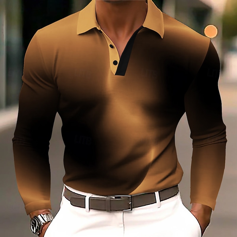 Men's Gradient Geometic Polo Long Sleeve Polo Shirts Lapel Business Casual Athleisure Daily Wear 3D Print Buttons Spring Fall Winter Blue Purple Brown3