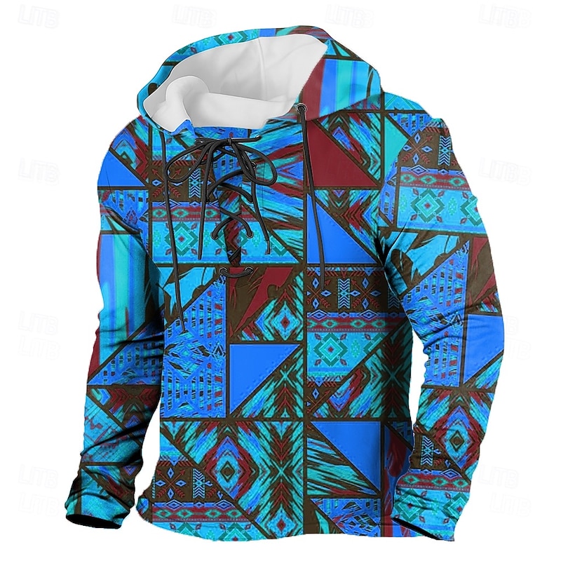 Men's Patchwork Tribal Hoodie Sweatshirt Ethnic Vintage Retro Hooded Outdoor Home Yellow Blue Drawstring Fall Winter Designer3