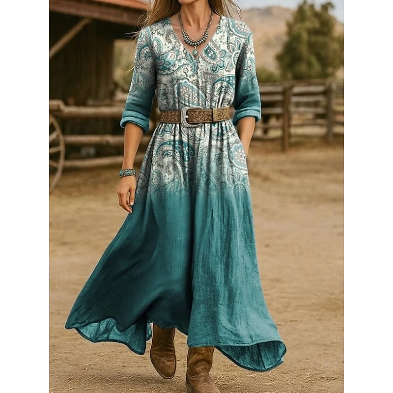 Women's Maxi Dress A Line Dress Vacation Casual Boho Going out Beach Regular Fit Floral Graphic Paisley Long Sleeve V Neck Blue Light Purple Brown Green Spring Fall Winter3