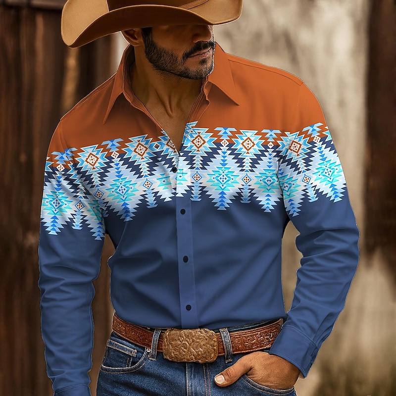 Men's Aztec Vintage Ethnic Shirt Button Up Shirt Cowboy Shirt Long Sleeve Western Style Outdoor Casual WorkWear Spring Fall Turndown 3D Print Collared Shirts Blue Khaki3