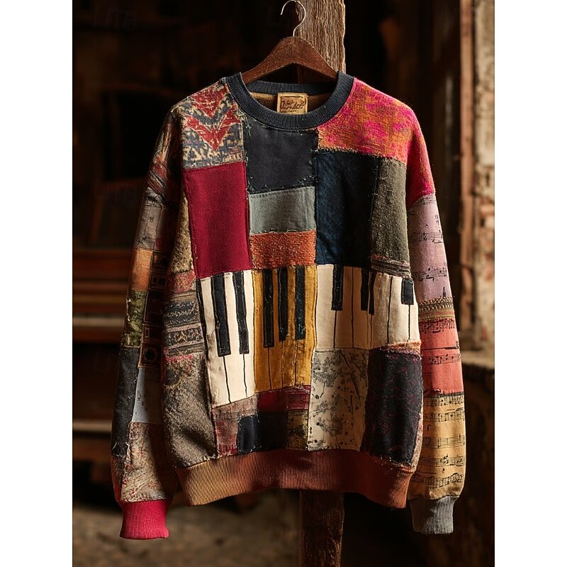 Women's Piano Music Sweatshirt Graphic Striped Abstract Casual Long Sleeve Crew Neck Regular Tops Home Work Street Patchwork Yellow Light Green Red Blue Orange Spring Fall Winter2